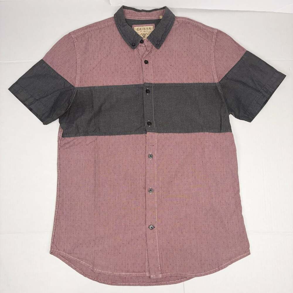 Guess Los Angeles Colorblock Short Sleeve Button Down Shirt Red Gray Men's M